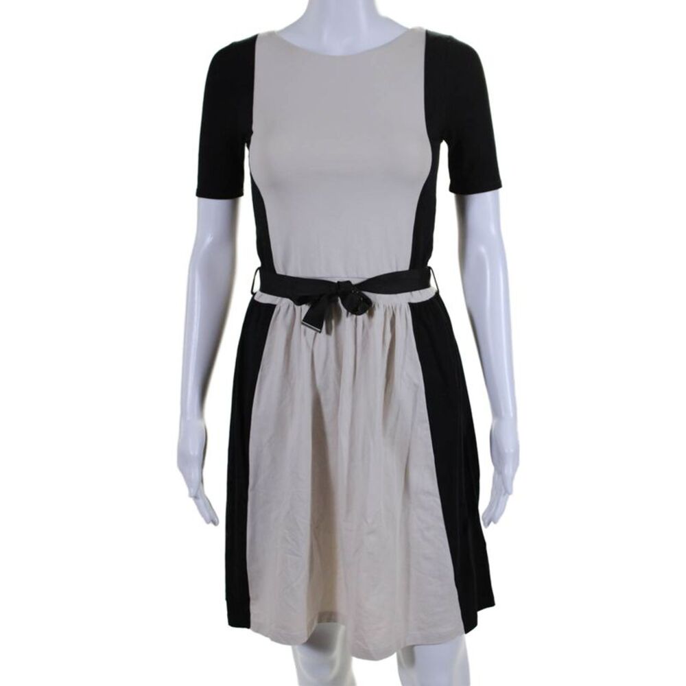 Alpha Womens Stretch Cotton Two-Toned Belted Short Sleeve Dress Beige Size 38